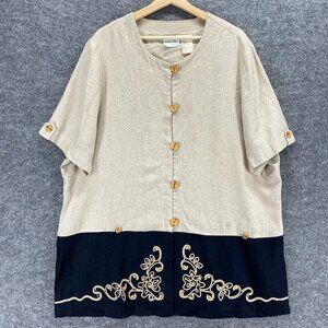 Halmode Plus Top Women 20 Plus Blouse Linen Beige Black Embroidered Button Tunic